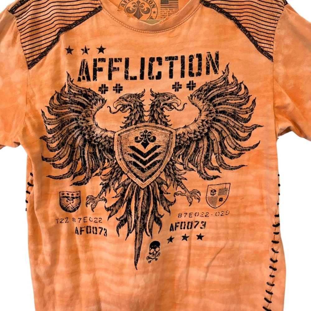 Affliction Value T-Shirt Bright Orange Camo Wash Flocked Graphic, Sz L - Picture 5 of 15